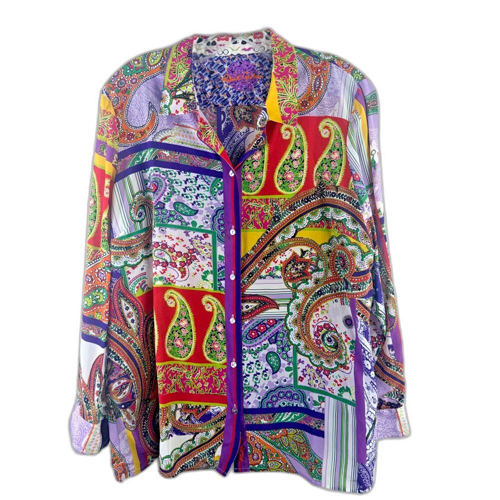 Robert Graham Large Silk Womens Long Sleeve Blouse Artsy Patchwork‎ Paisley Boho